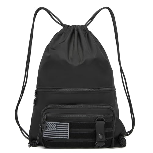 Drawstring Backpack with Zipper Pockets Black J942577