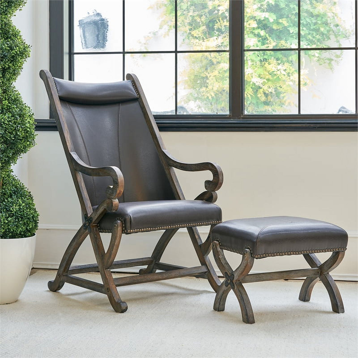 Gray Leather Chair & Ottoman Set P947790