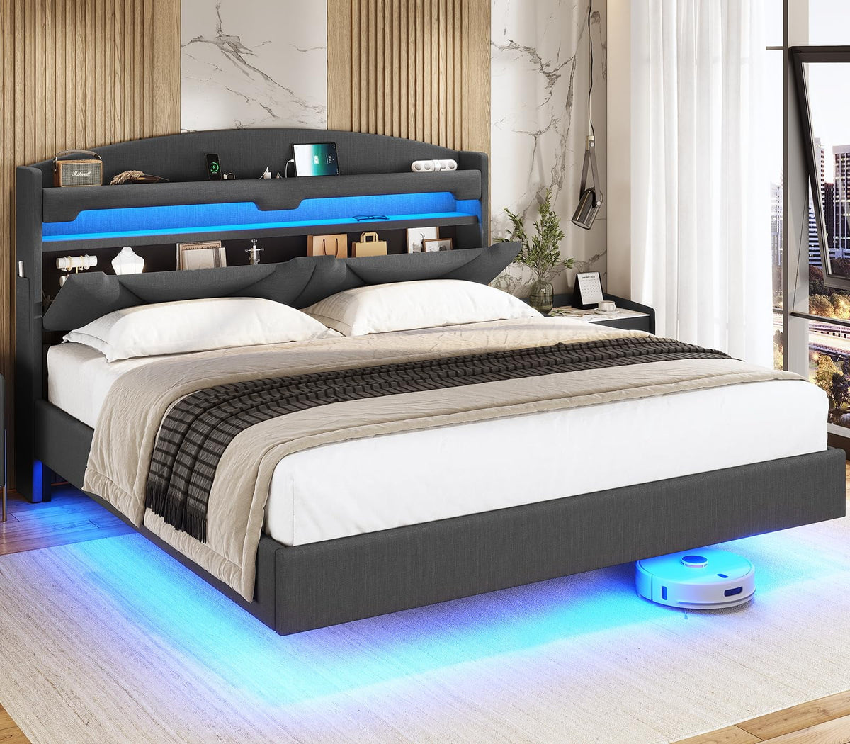 Floating Full Size Upholstered Platform Bed with Storage Headboard Q7292