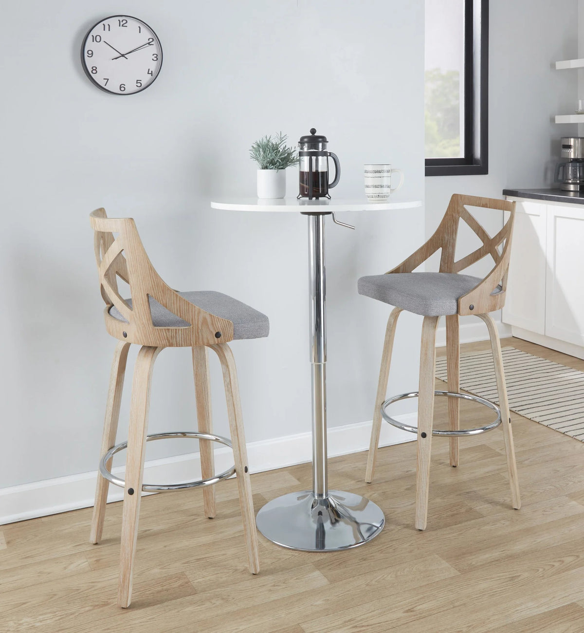 White Washed Wood Light Grey Fabric Swivel Barstool Set of 2 D922
