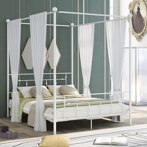 Queen Size Metal Canopy Bed with Headboard, White A8205