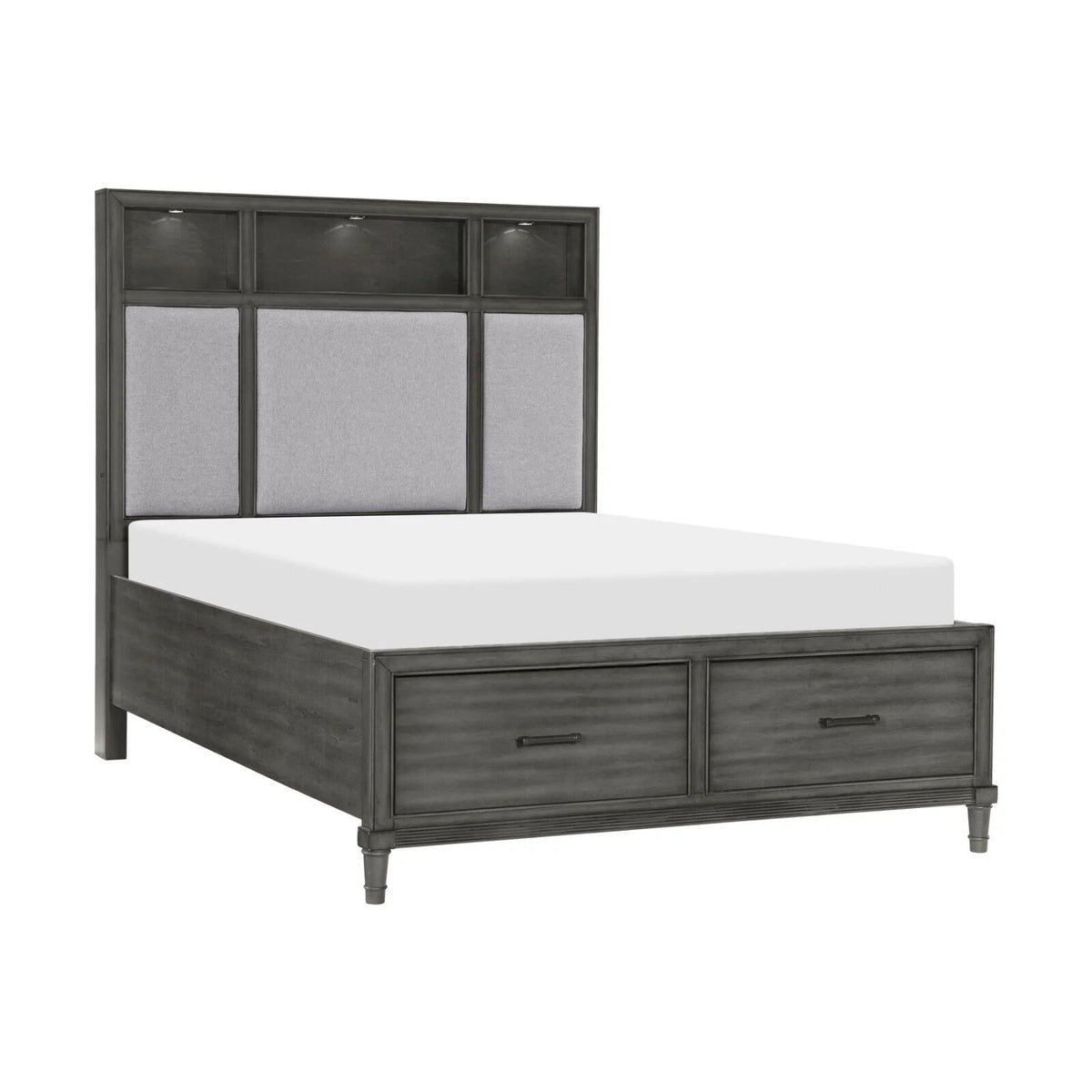 Queen Size Platform Bed with Storage USB Port Bookshelves LED Light Headboard R11255