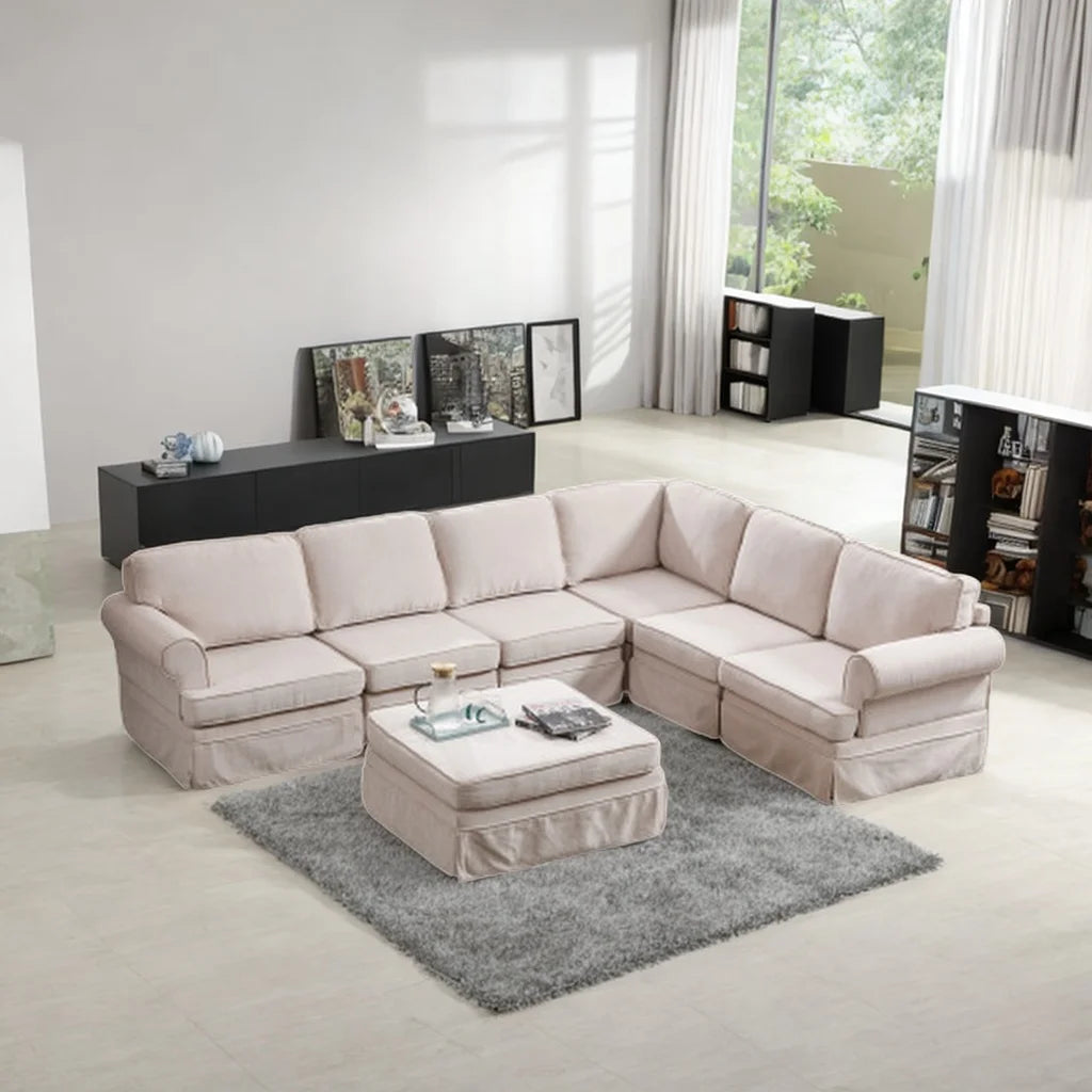 Beige Fabric Upholstered Modular Sectional Sofa with Ottoman D162