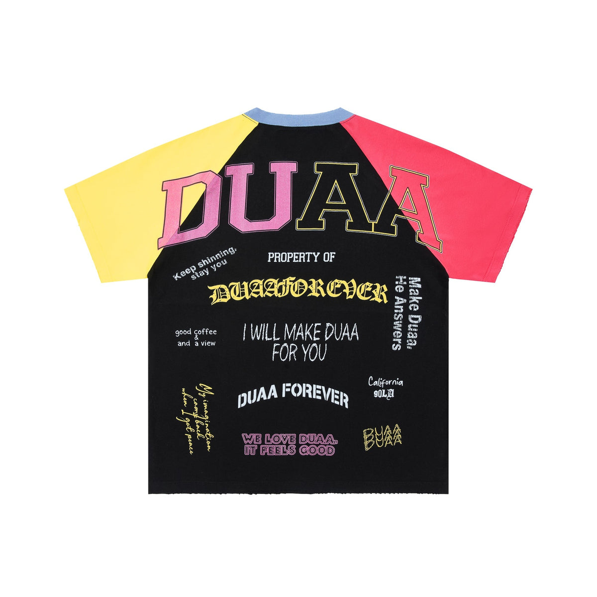 DUAA Multi‑Color Raglan Slogan Collage Vintage Tee