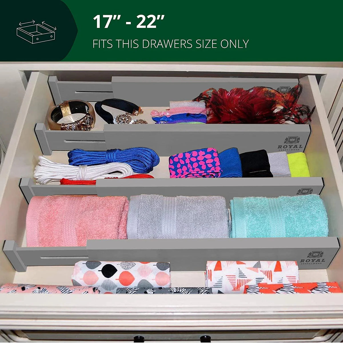 Adjustable Bamboo Drawer Dividers 17-22in 4-Pack Gray A42972