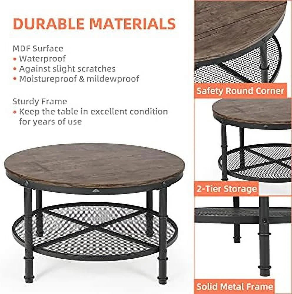 Small Round Coffee Table with Wood Top Metal Legs 2-Tier Grey V351