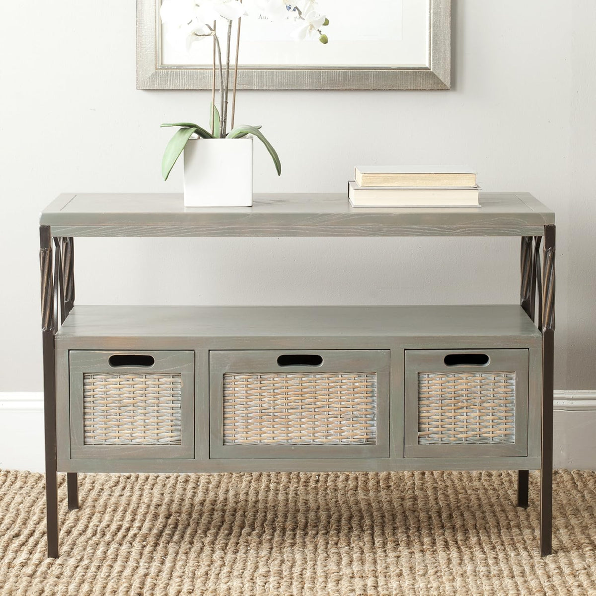 Antique Dark Walnut and Pewter 3-Drawer Console Table Z66240
