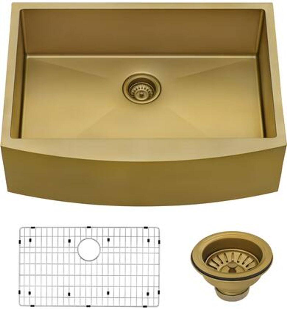 30-Inch Apron-Front Farmhouse Kitchen Sink Brass Tone Matte Gold Stainless Steel Single Bowl H48035