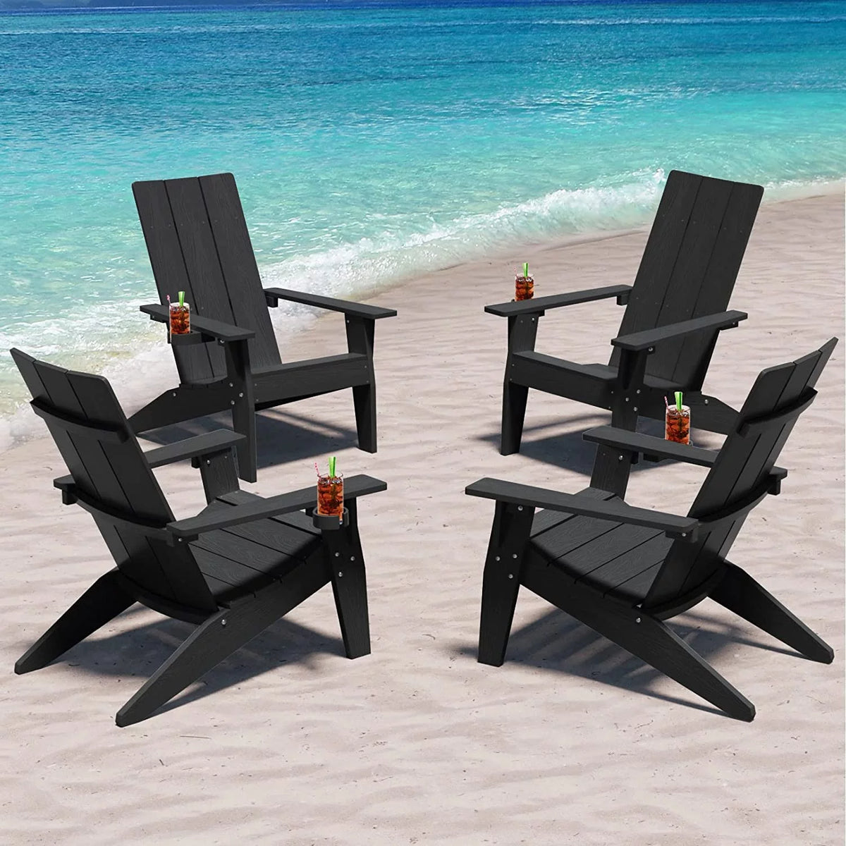 Black HIPS Adirondack Chair with Cup Holder, Set of 4 O667597