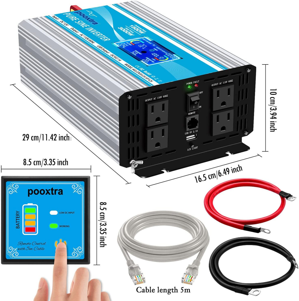 1500 Watt Pure Sine Wave Power Inverter 12V DC to 110V AC with LCD Display USB Port 4 AC Outlets E7674
