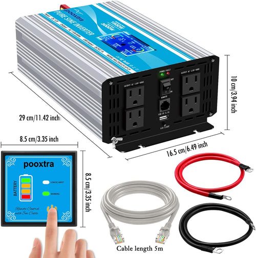 1500 Watt Pure Sine Wave Power Inverter 12V DC to 110V AC with LCD Display USB Port 4 AC Outlets E7674