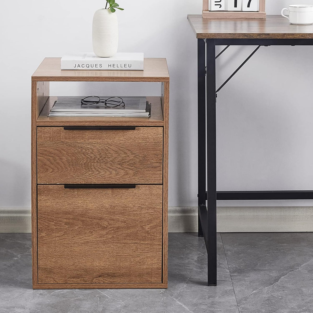 2 Drawer Wooden File Cabinet with Open Storage Shelf V40193