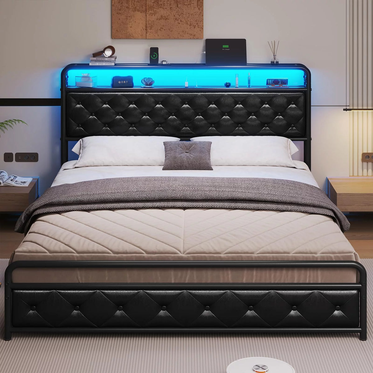 Queen Size Faux Leather Upholstered Platform Bed Frame with Storage Headboard J41973