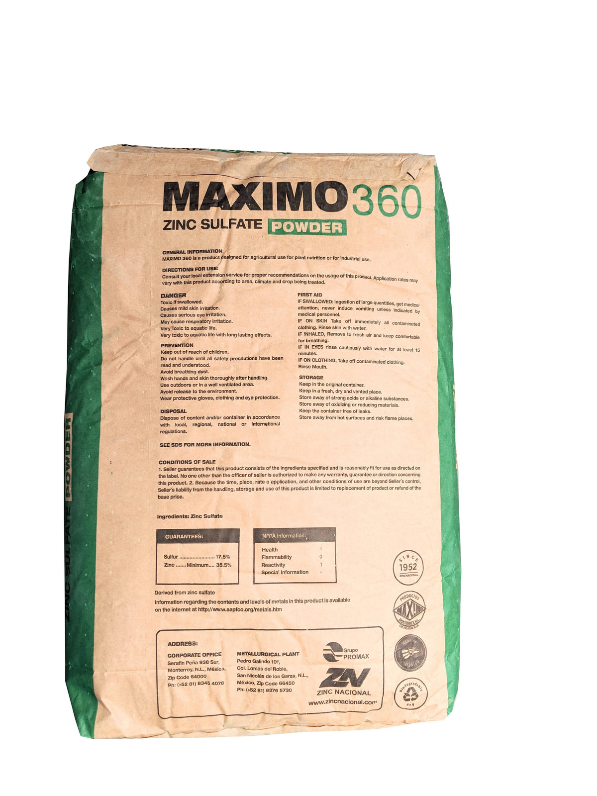 Zinc Sulfate Powder 35.5% Monohydrate Plus 16.5% Sulfur 50 Pounds B807514