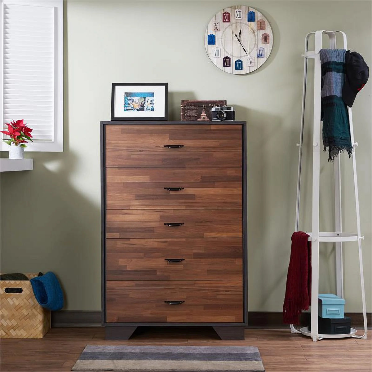 Wood 5 Drawer Chest in Walnut & Espresso O405200
