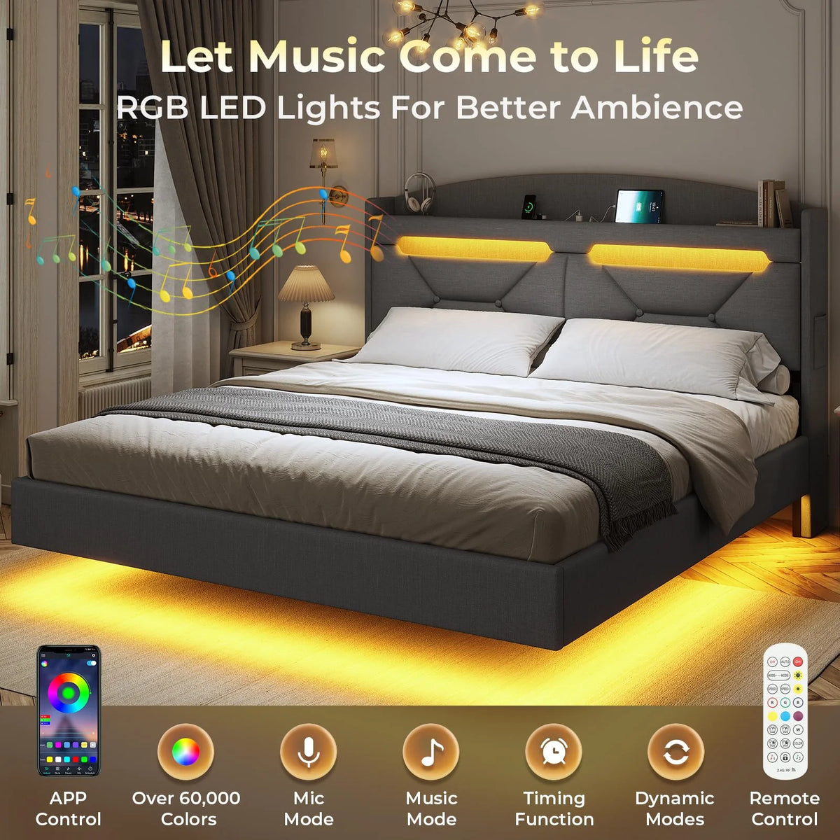 Floating Full Size Upholstered Platform Bed with Storage Headboard Q7292