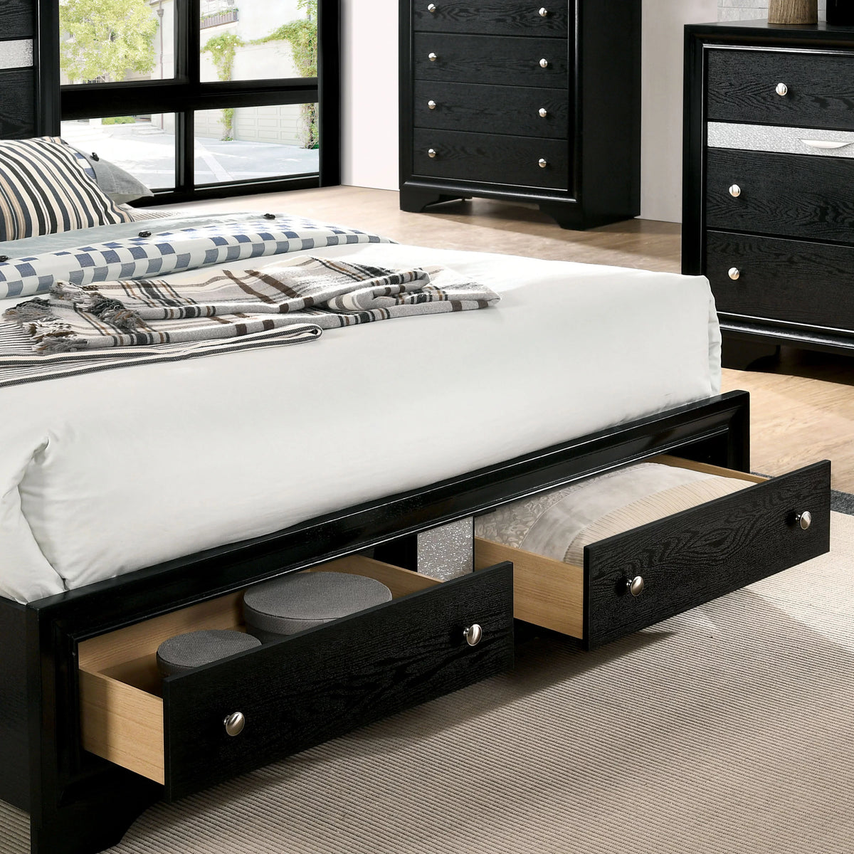 Black Solid Wood Platform Bed with Storage J3077
