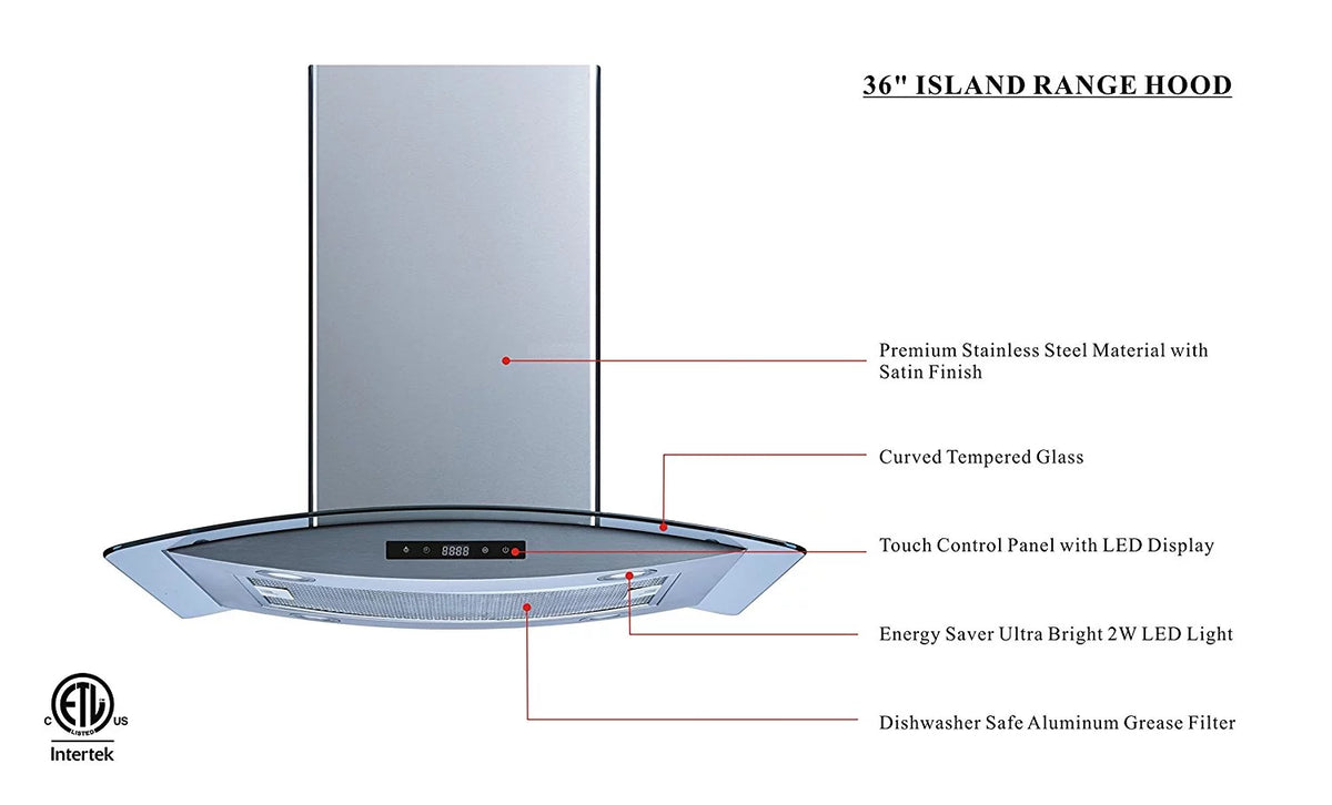 36-inch 475 CFM Stainless Steel Tempered Glass Island Range Hood F918255