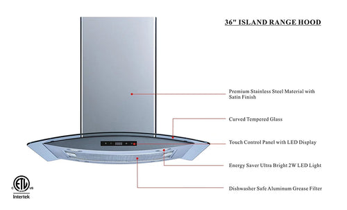 36-inch 475 CFM Stainless Steel Tempered Glass Island Range Hood F918255