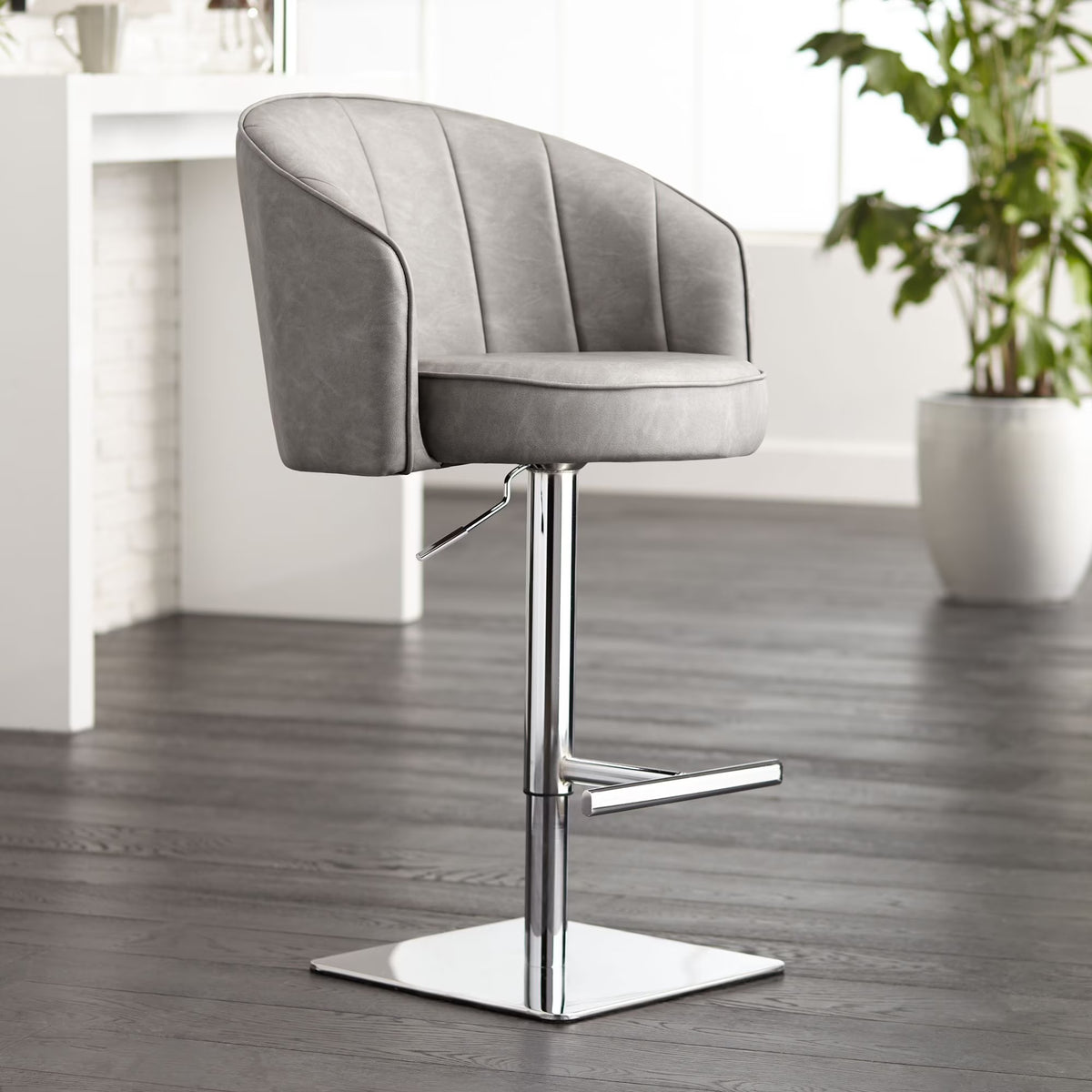 Chrome Swivel Bar Stool 31" High Gray Faux Leather Tufted Cushion with Backrest Footrest Q2849