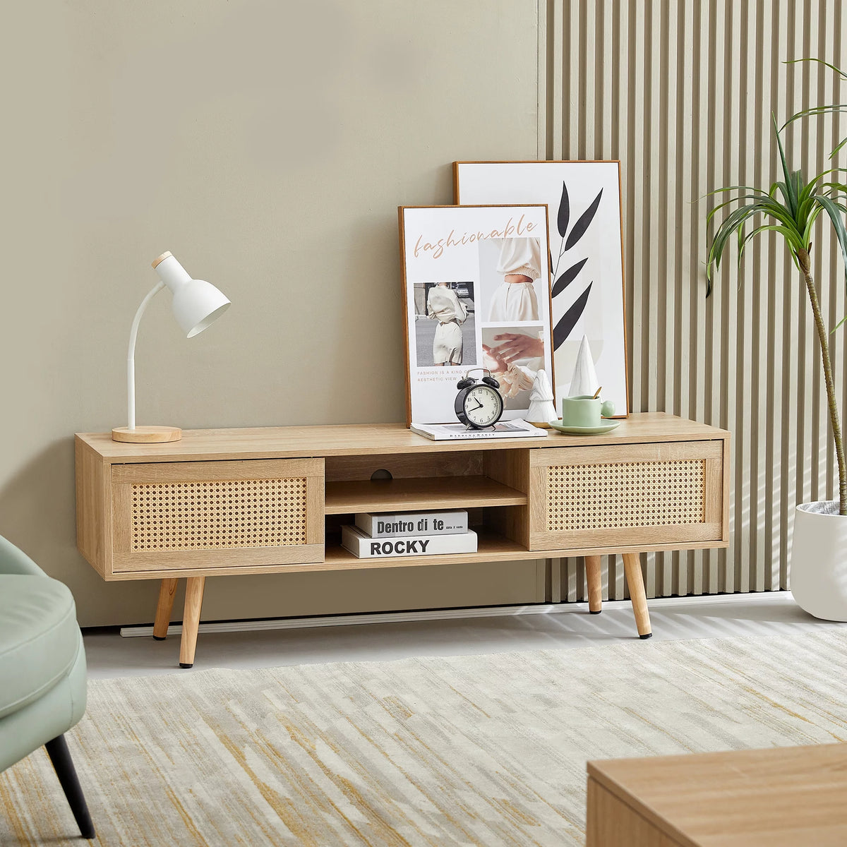 55.12" Rattan TV Cabinet with Sliding Doors and Adjustable Shelf Q833
