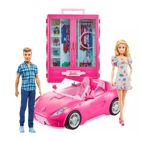 Barbie and Ken Doll with Wardrobe and Pink Two-Seater Convertible Car B882380