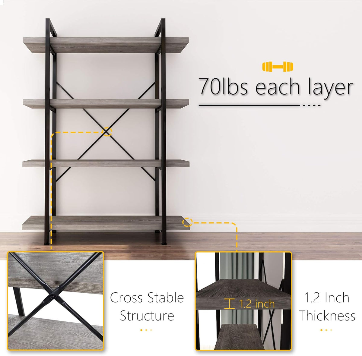 Gray Oak 4-Tier Metal and Wood Bookshelf P7261