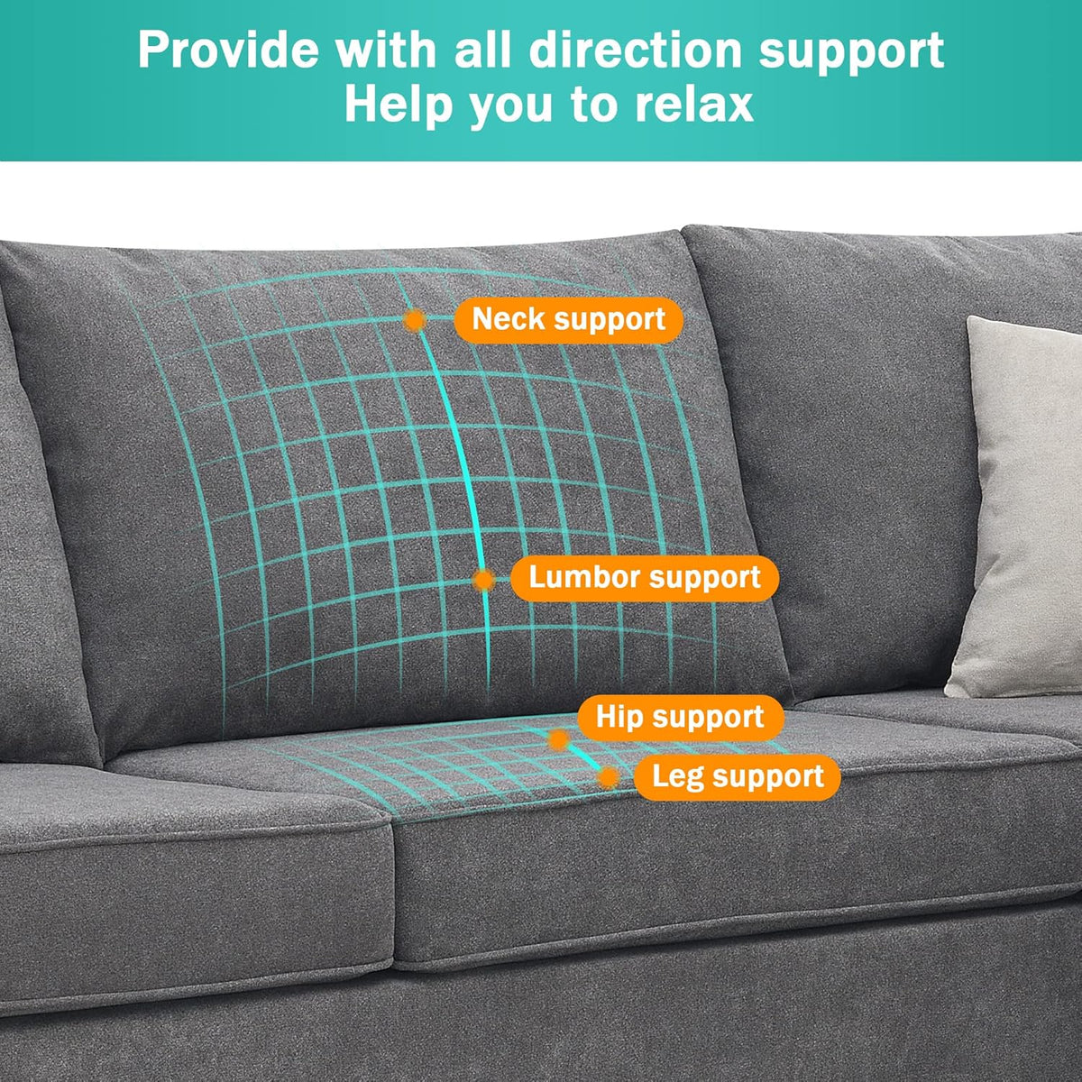 Grey Upholstered L Shape Sectional Sofa with 3 Pillows M439
