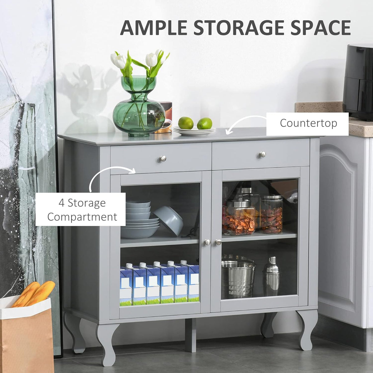 Retro Kitchen Sideboard Storage Cabinet with Glass Doors and Drawers F573