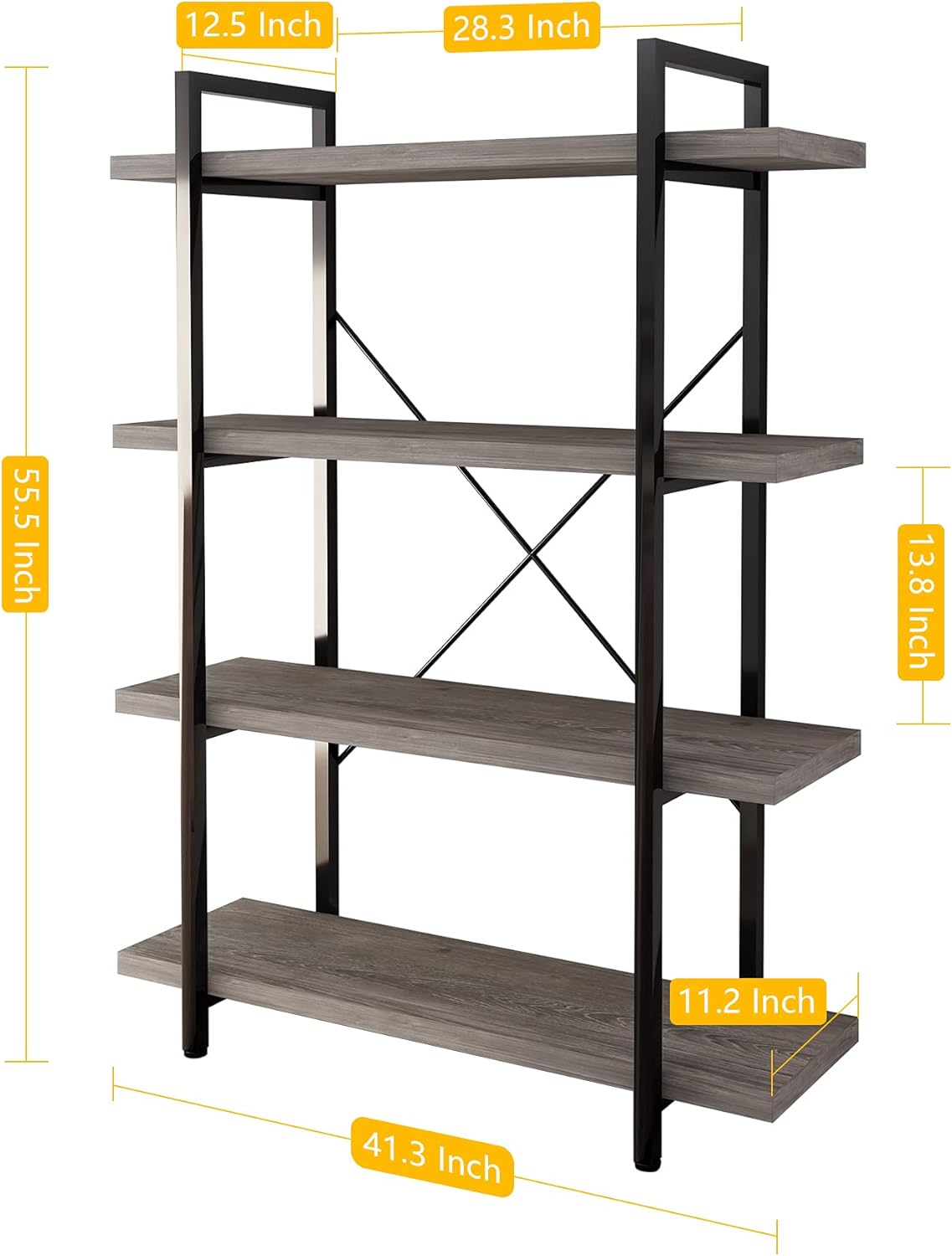 Gray Oak 4-Tier Metal and Wood Bookshelf P7261