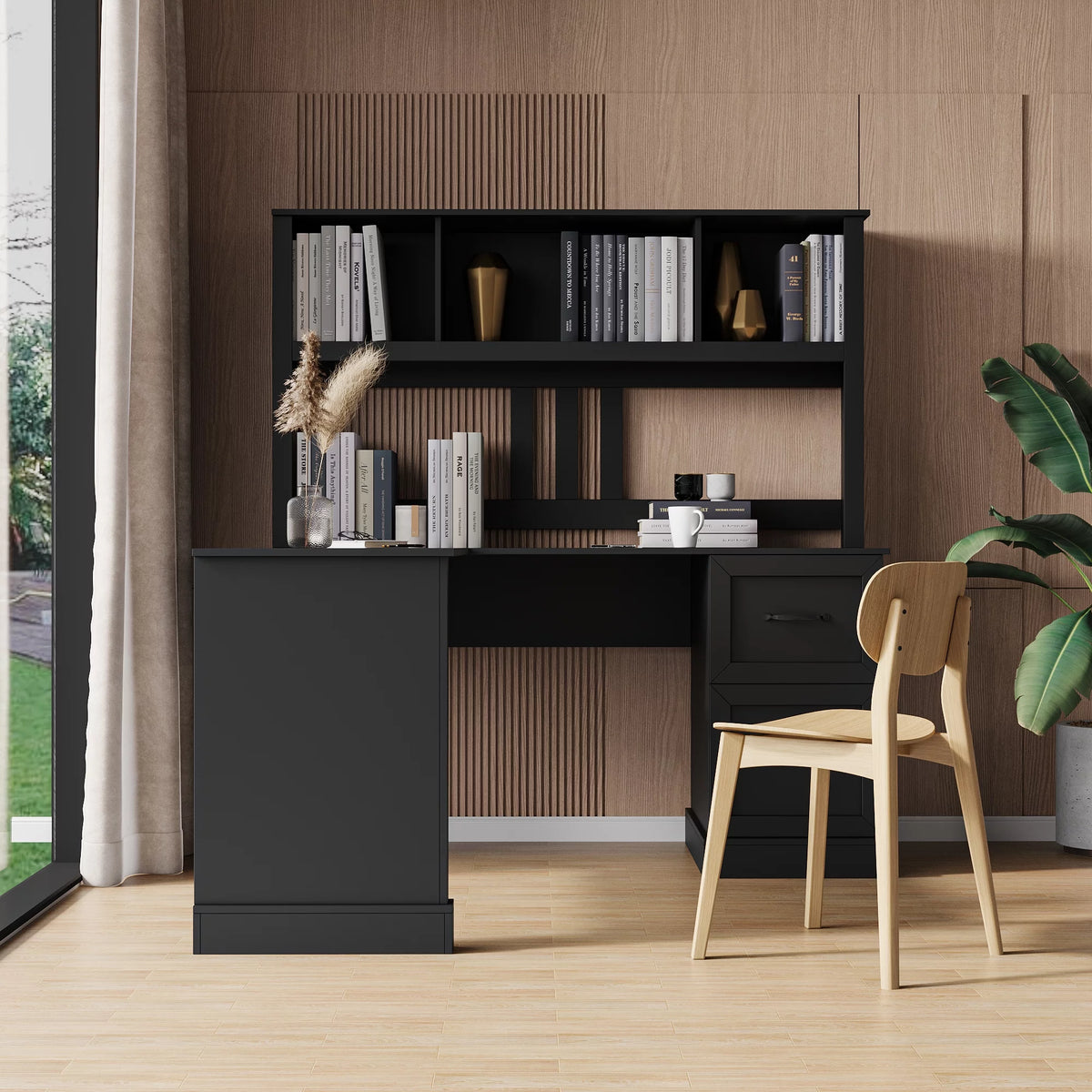 Antiqued Black Wood Study Table with Bookshelf E9520
