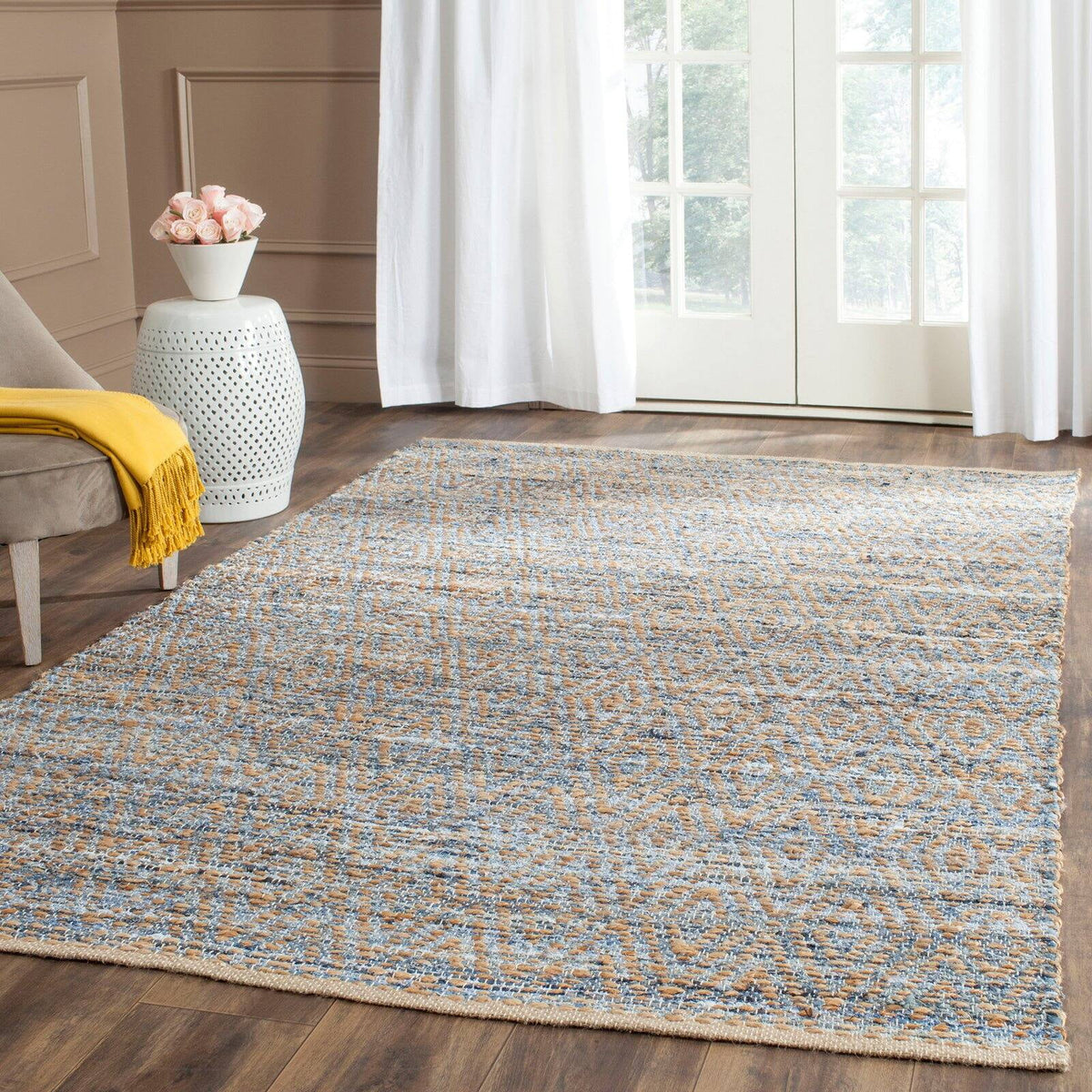 2'3" x 14' Natural Blue Striped Jute Area Rug T6518