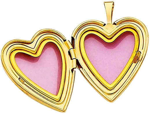 14K Yellow Gold Polished Love Heart Shaped Locket Pendants with 0.8mm Snake Chain O5878