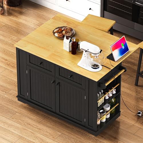 Black Kitchen Island with Power Outlet and Drop Leaf G551