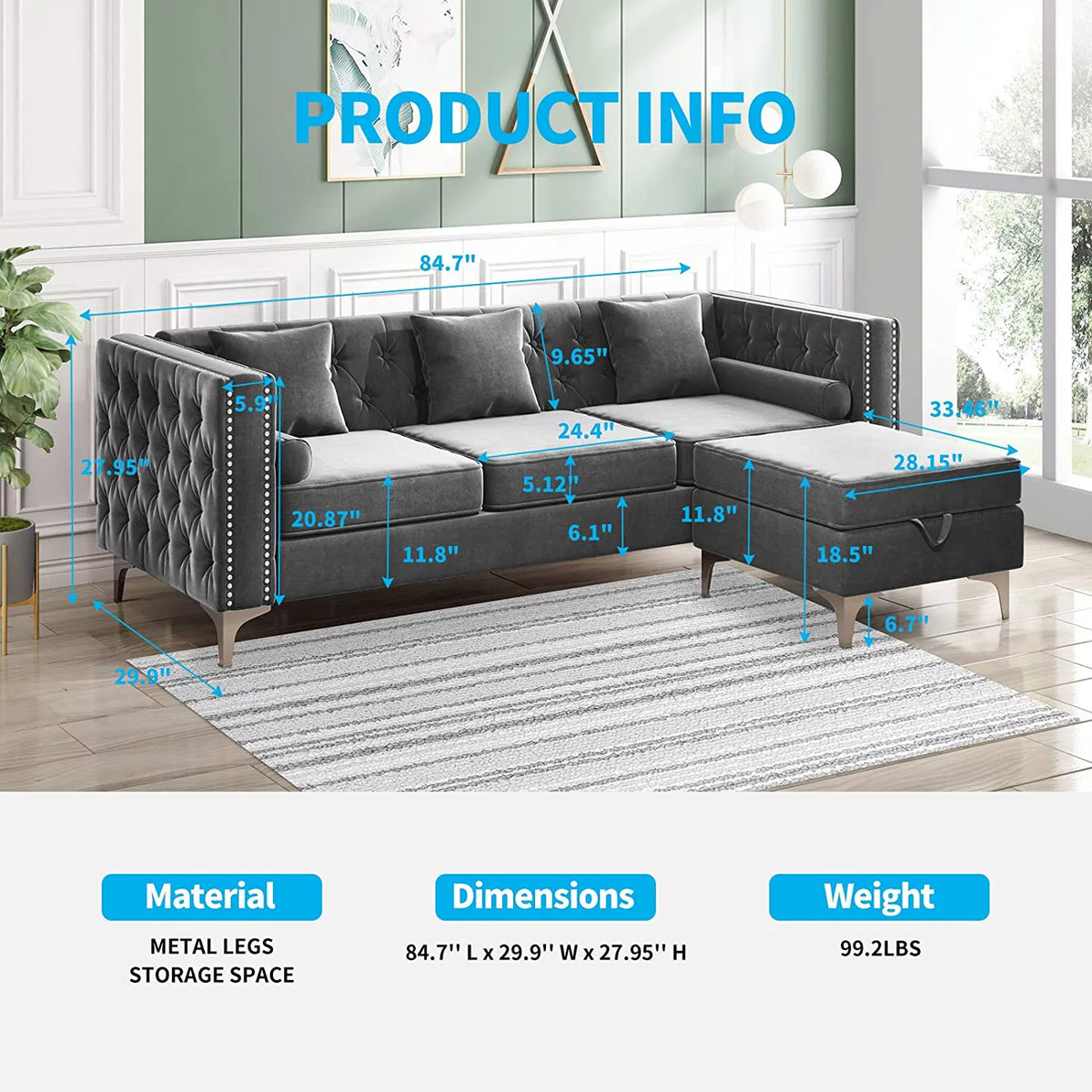 Velvet Grey L-Shaped Sectional Sofa with Chaise I710