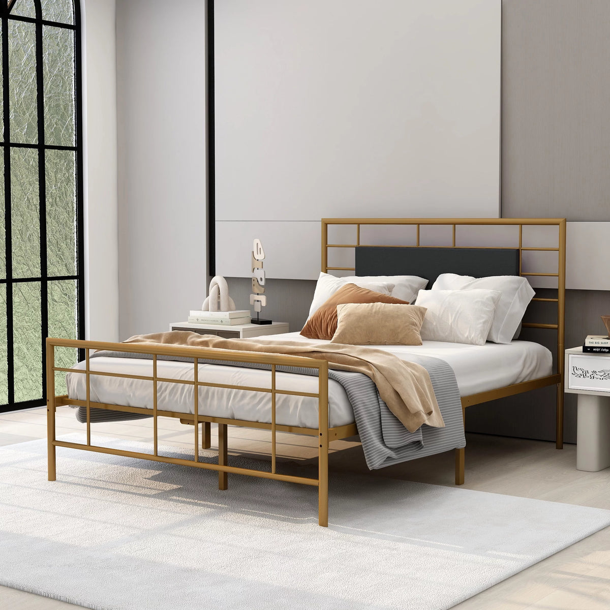 Queen Size Black Metal Platform Bed Frame with Leather Upholstered Headboard H82714
