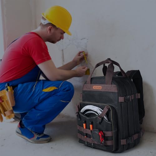 Black Wax-Canvas 90-Pockets Electrician Backpack O612