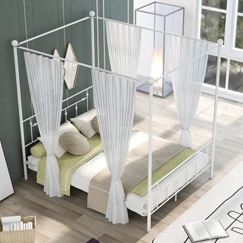 Queen Size Metal Canopy Bed with Headboard, White A8205