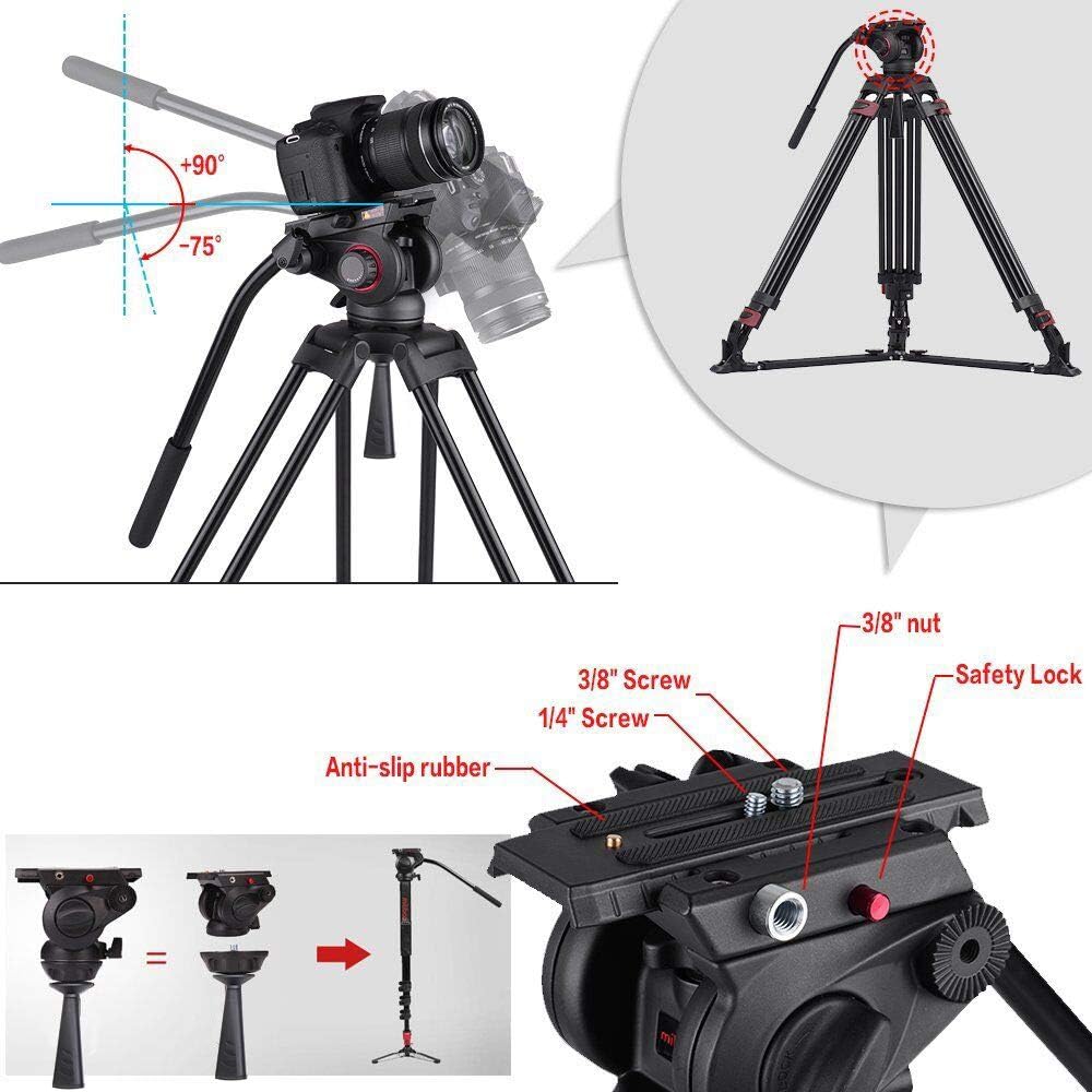 Heavy Duty Aluminum Fluid Head Camera Video Tripod 66.5 inch Max Height 15 kilograms Max Load K257