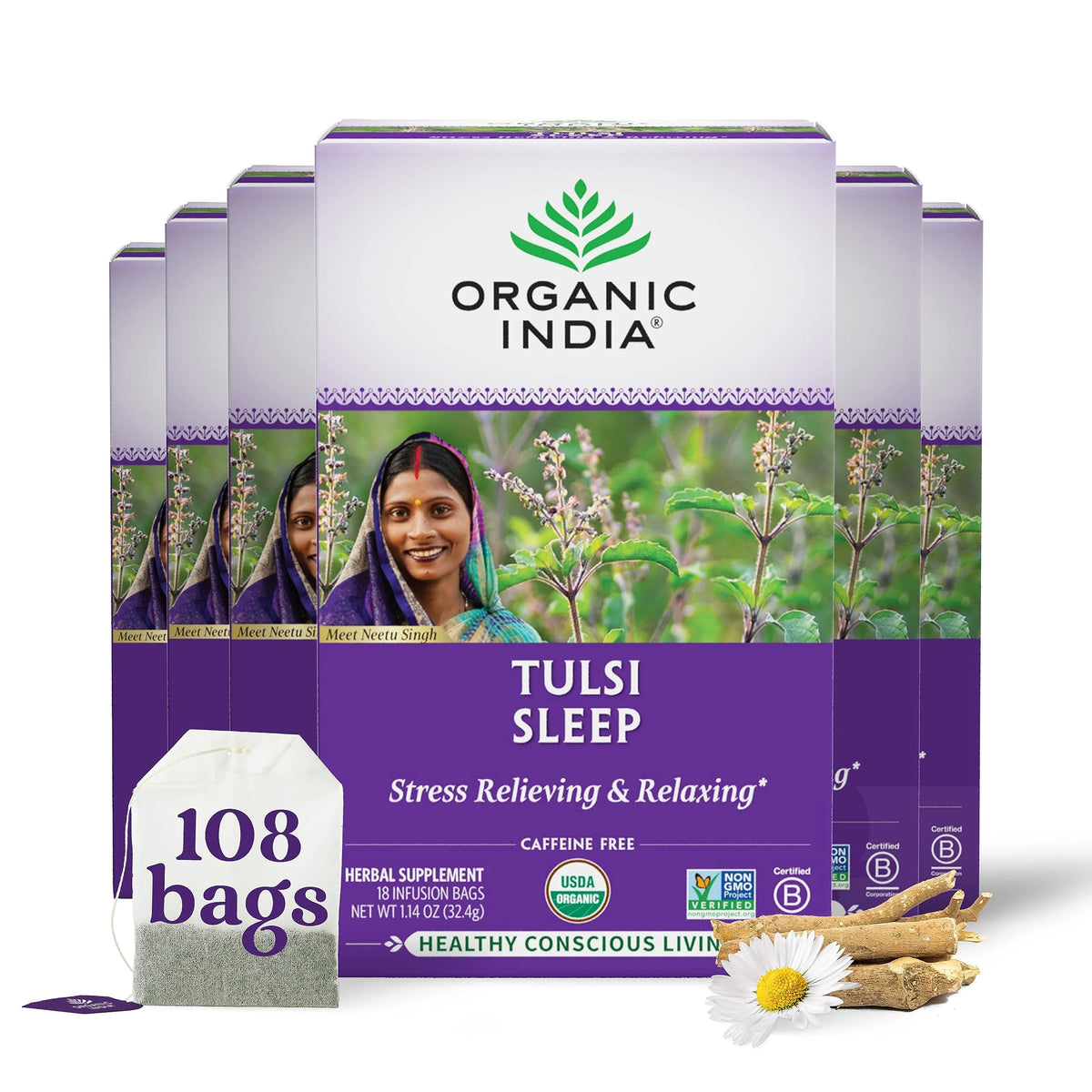 Organic Tulsi Sleep Herbal Tea, Caffeine-Free, 18 Infusion Bags, 6 Pack I844