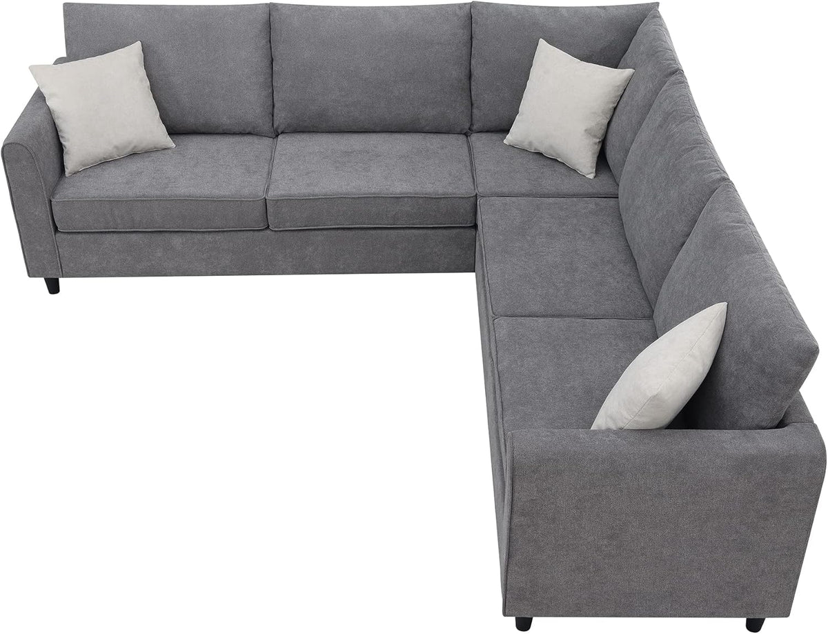 Grey Upholstered L Shape Sectional Sofa with 3 Pillows M439