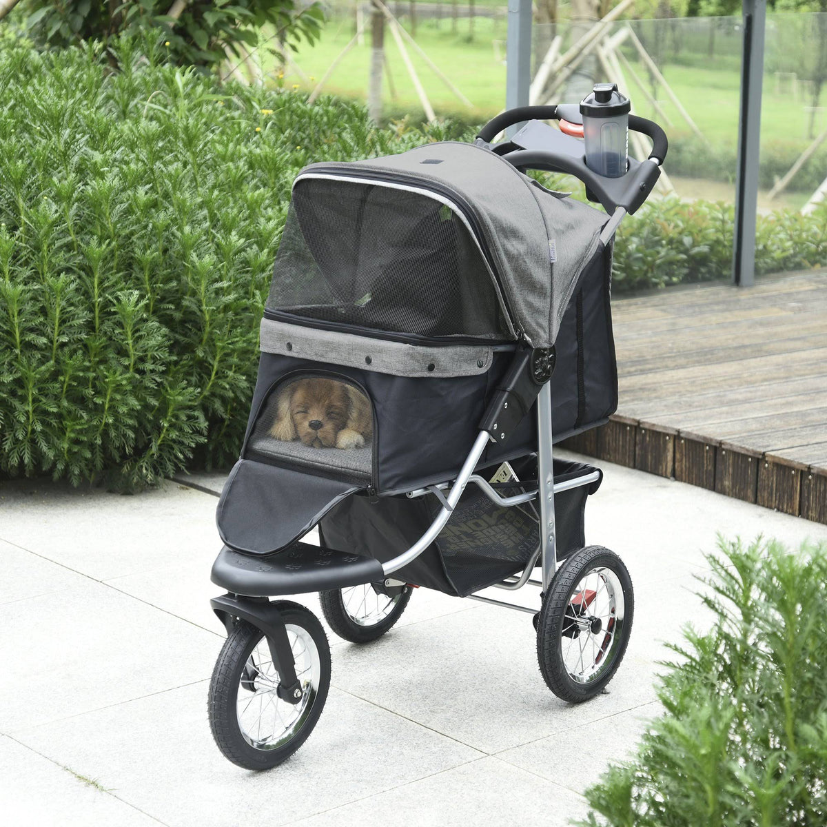 Grey Folding Pet Stroller with Adjustable Canopy H76883