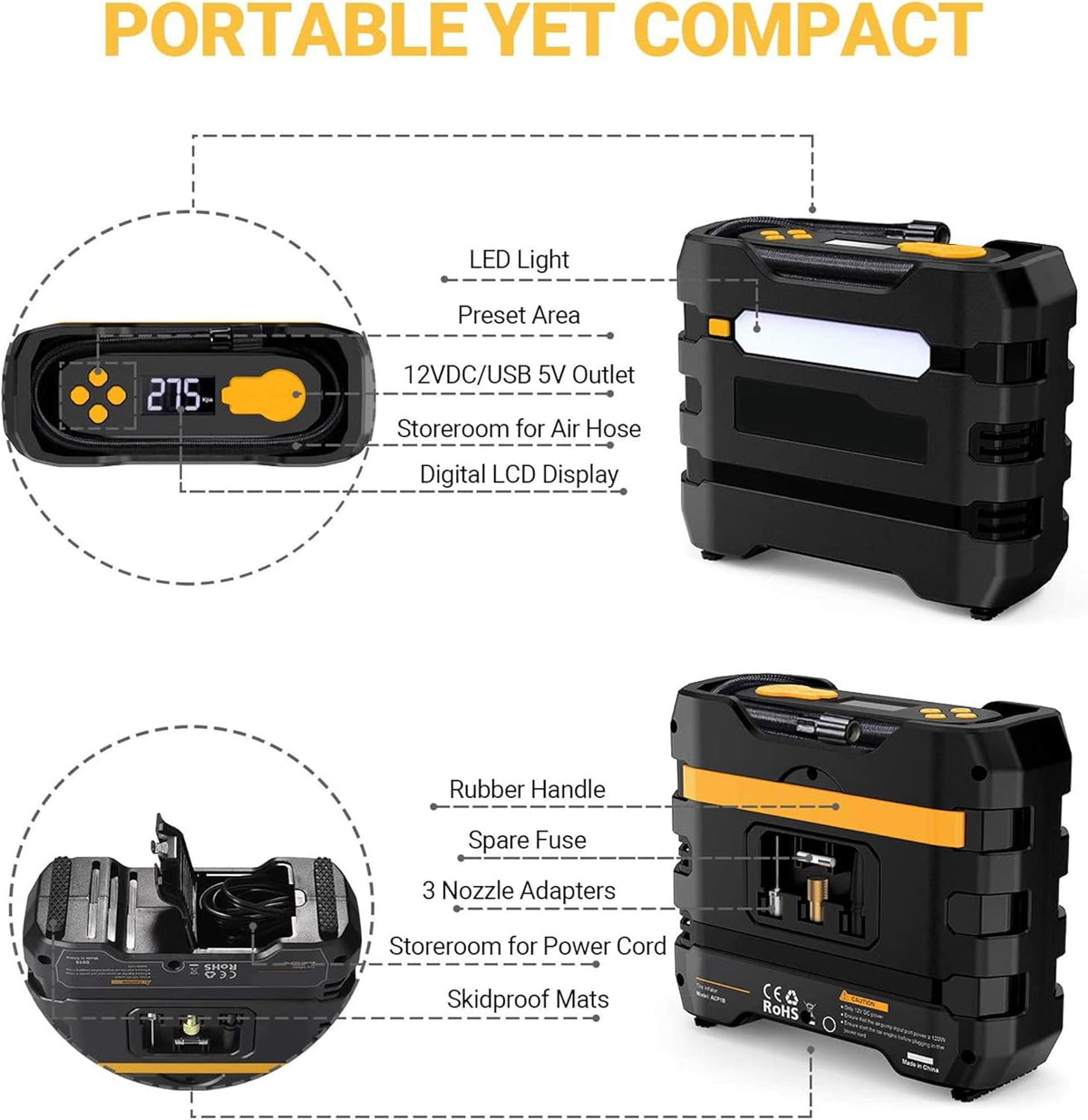 Yellow 2Pcs Portable Car Tire Inflator Air Compressor T46970
