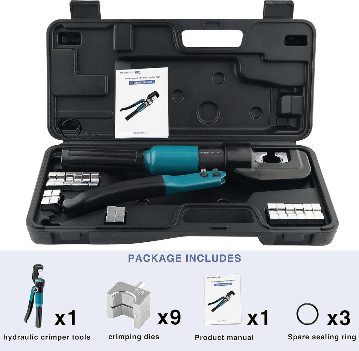 Hydraulic Battery Cable Lug Crimping Tool, AWG 12-2/0, 9 Pairs of Dies J3578
