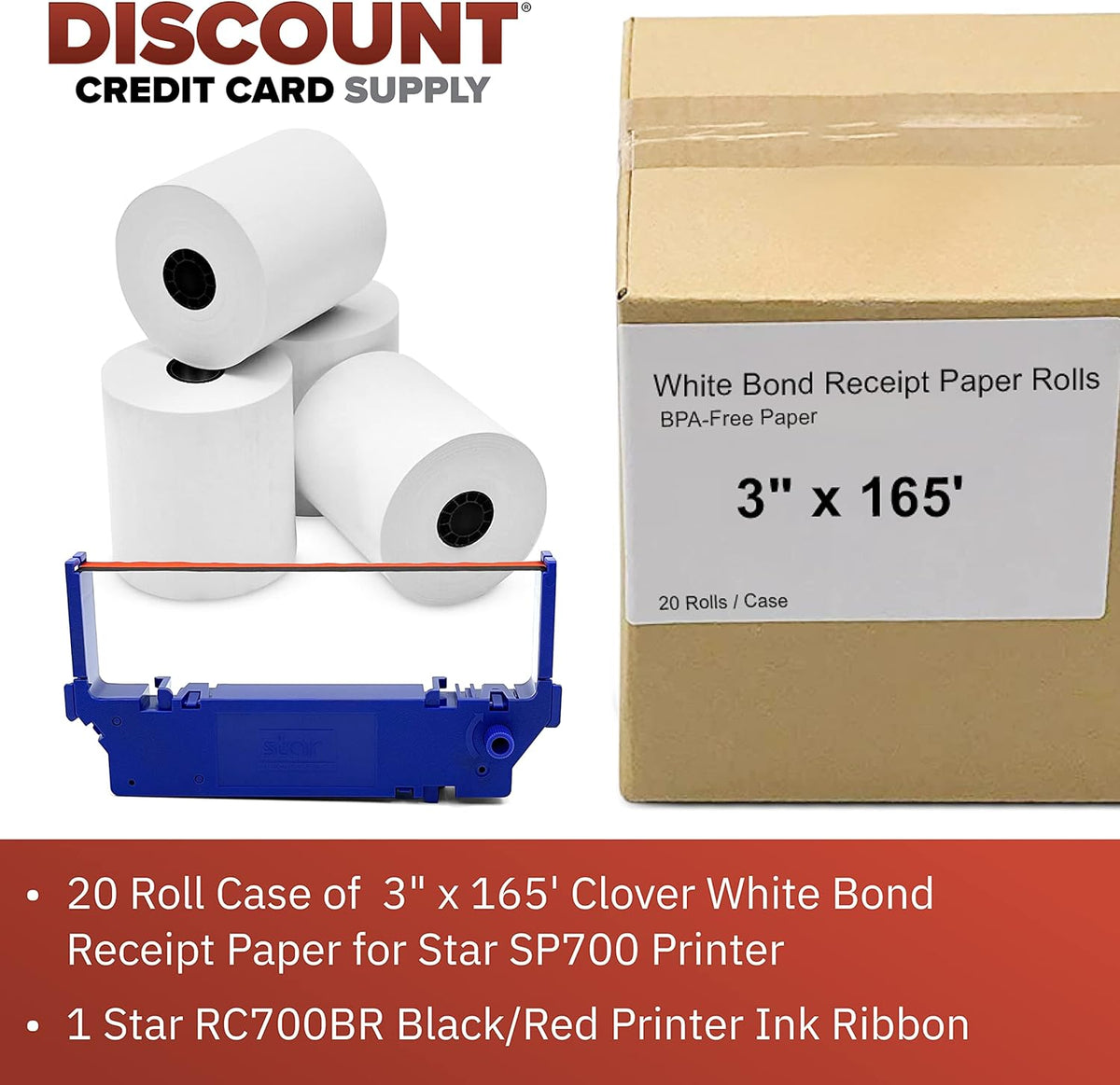 20 Roll Case of 3 x 165' Clover White Bond Receipt Roll Paper for Star SP700 Printer and 1 Star RC700BR Black/Red Printer Ink Ribbon Pack of 2 K40943