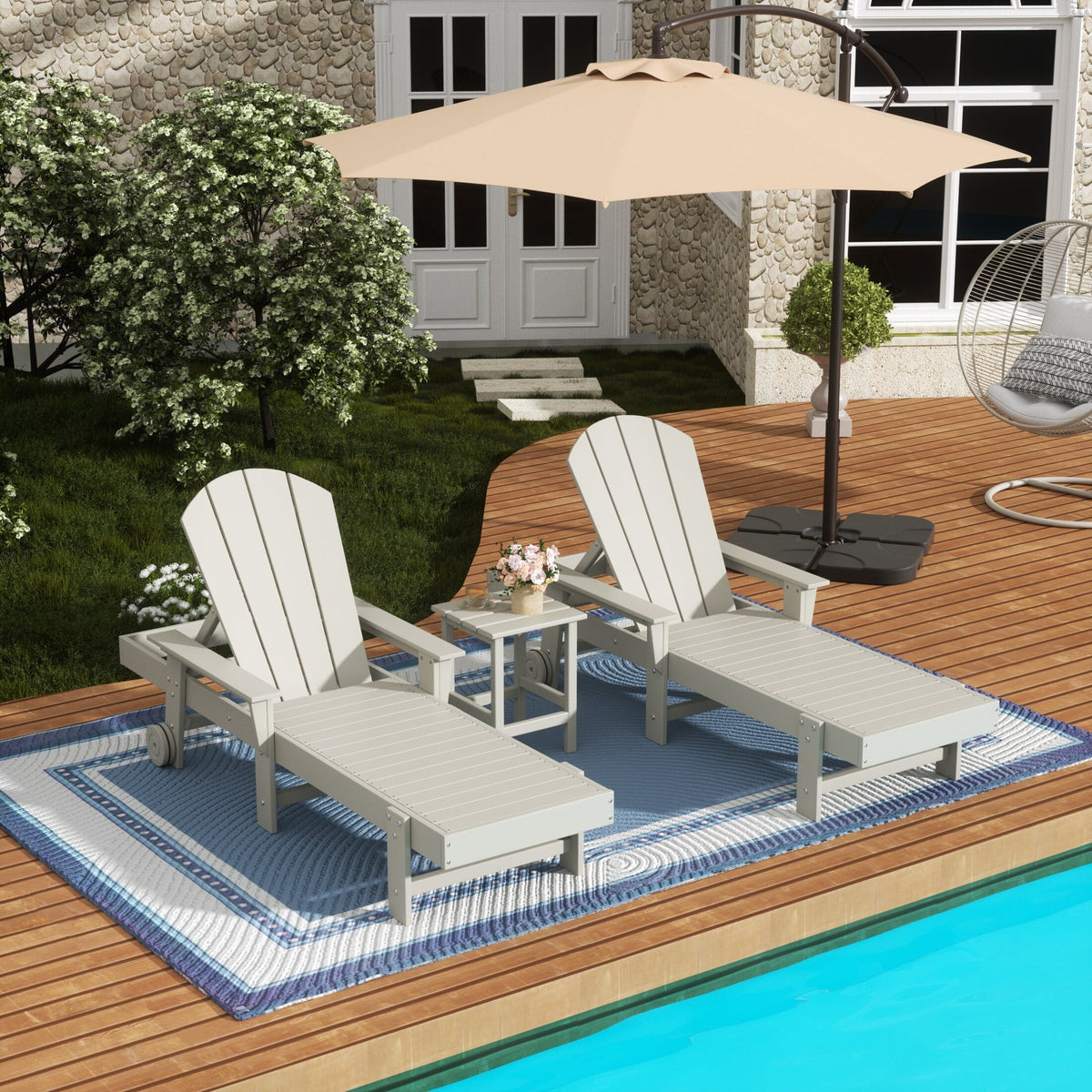 All Weather Poly Pool Outdoor Chaise Lounge Set with Side Table 3-Piece Sand B820111