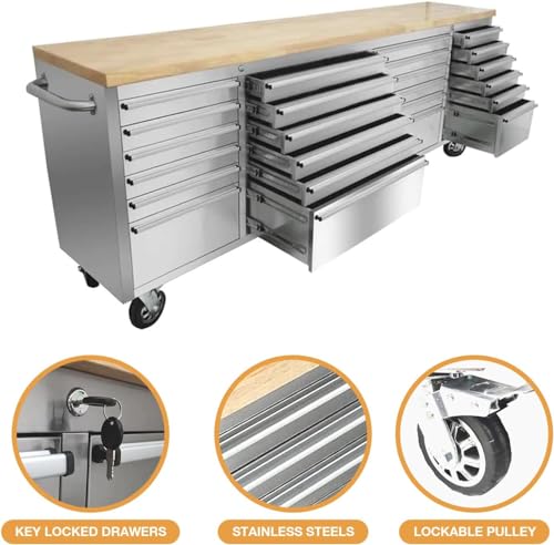72 inch Mobile 15 Drawers Rolling Tool Chest with Wheels Lock Key Locking System Drawer Liners Stainless Steel Z584372