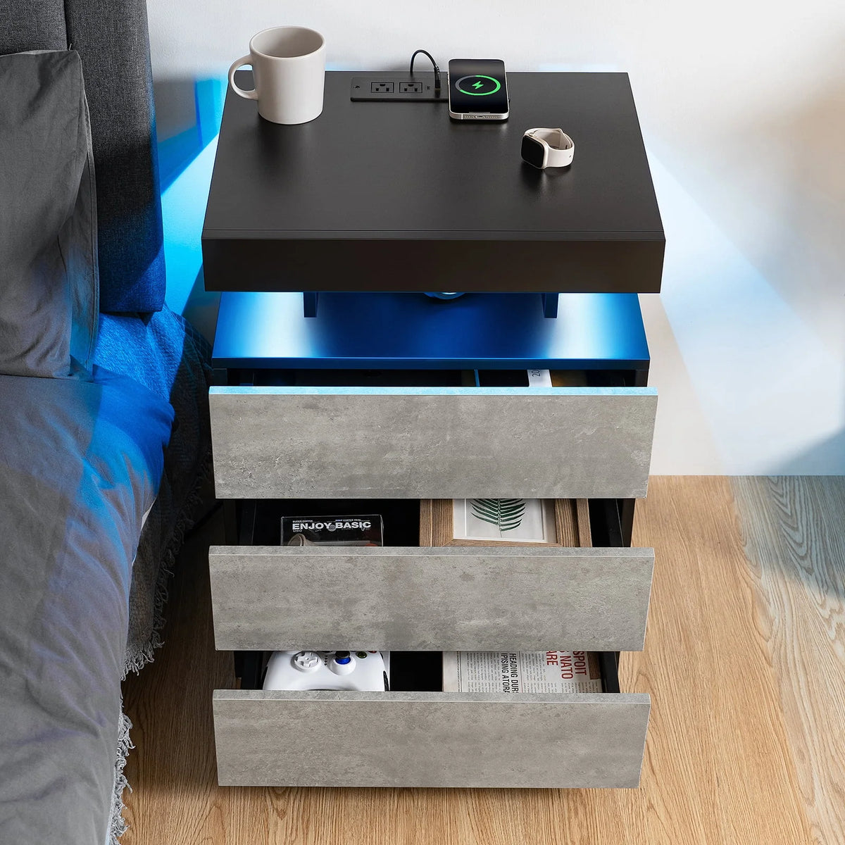 Black 2 Drawer LED Nightstand with Charging Station Q81673