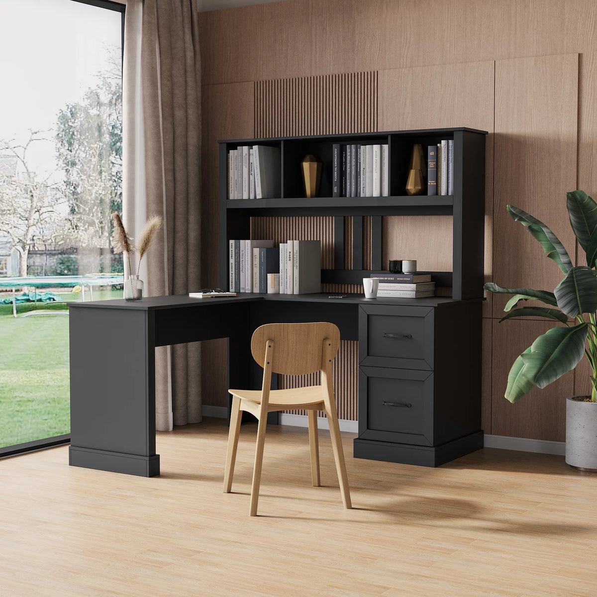 Antiqued Black Wood Study Table with Bookshelf E9520