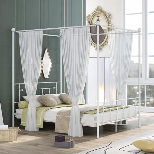 Queen Size Metal Canopy Bed with Headboard, White A8205